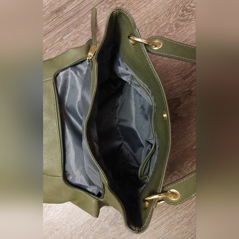 Max Studio Army Green Tote Satchel Gold Hardware and Studs Lots of Deep Pockets - Picture 9 of 12